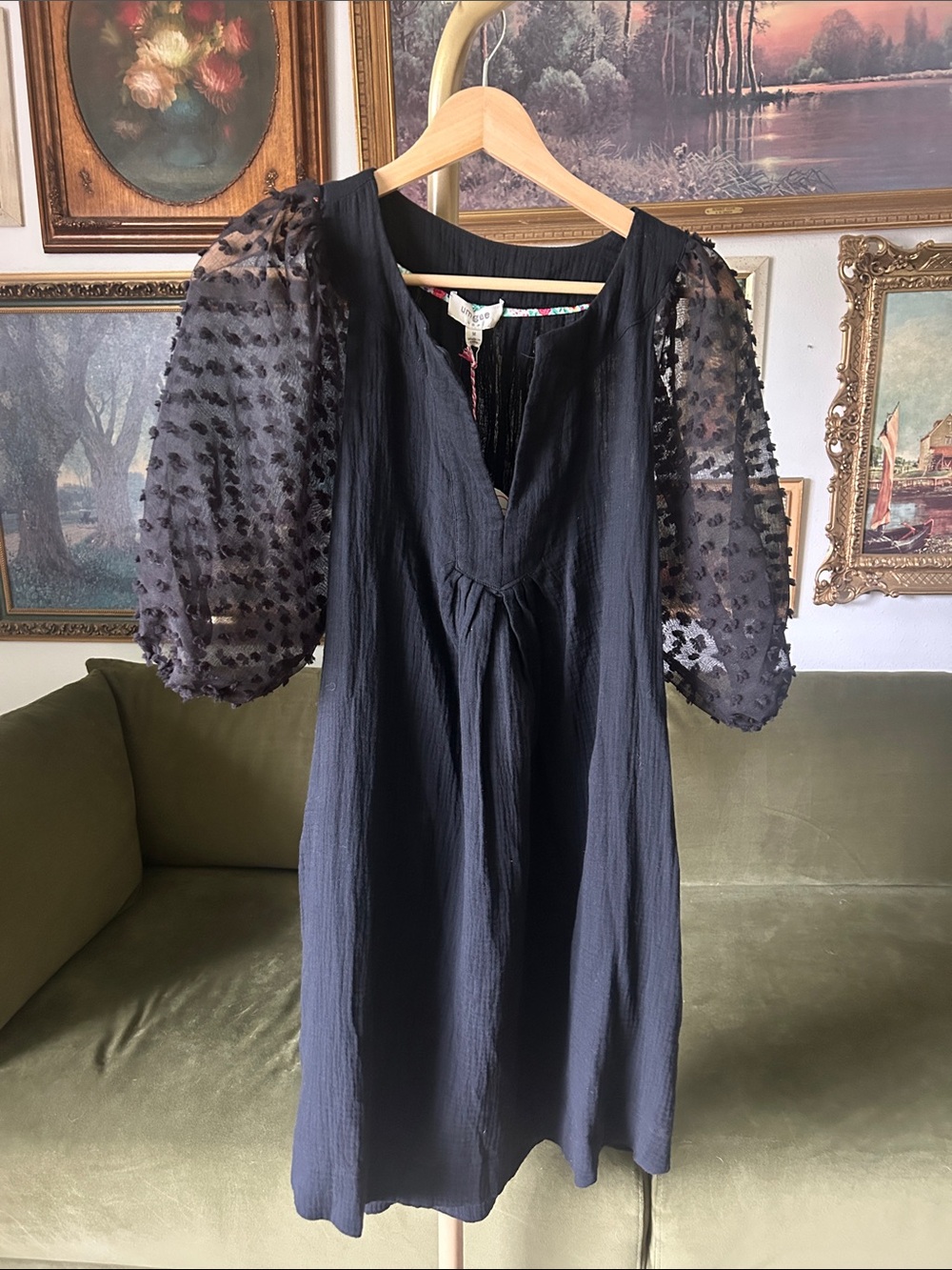 NWT! Umgee Black Mini Dress with Sheer Puff Dot Sleeves